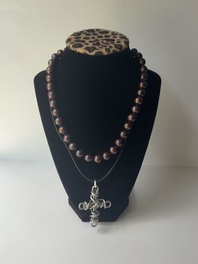Beaded Necklace and Cross Pendant necklace pair - Brown Pearlescent